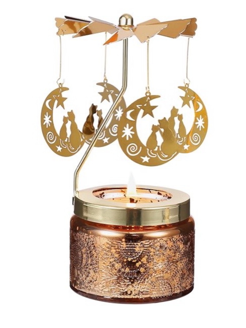 Celestial Moon & Cats Mobile Candle Spinner Embossed Amber Jar NEW.  Make Offer!